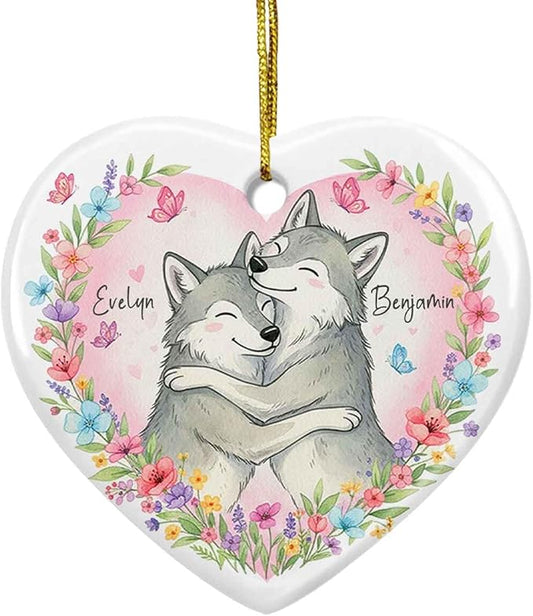 Custom Couple Wolf Wedding Ceramic Ornament, Couples Wolf Together Ornament Christmas 2025, Heart Floral Animal Decoration, Gift for Him Her, Personalized Names Mr & Mrs Wolves Ornaments Xmas