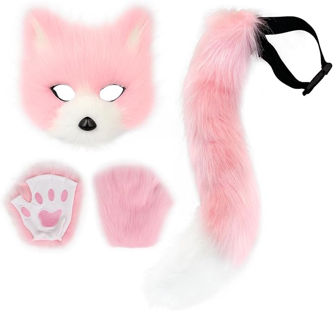 Adolala Faux Fur Fox Tail Cat Wolf Set Plush Mask Fluffy Paw Gloves Halloween Christmas Party for Women