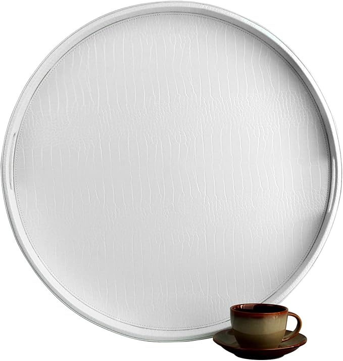HofferRuffer Extra Large Round Serving Tray, Elegant Faux Leather Circle Ottoman Table Tray with Handles, Serve Tea, Coffee or Breakfast in Bed, Diameter 23.6 x 2.4 inches Height (White)