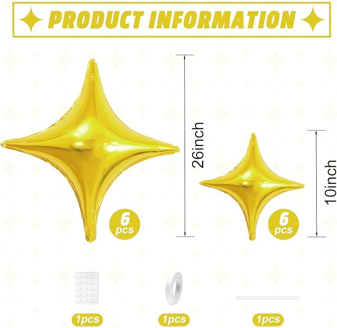 Gold Star Balloons,12Pcs Four Angle Star Foil Balloons,26Inch and 10Inch Gold Quadrangle Helium Balloon for Birthday Graduation Anniversary Baby Shower Wedding Party Decorations