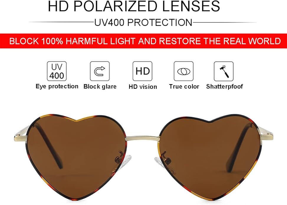 JOVAKIT Polarized Heart Sunglasses for Women Fashion Lovely Style Metal Frame UV400 Protection Lens