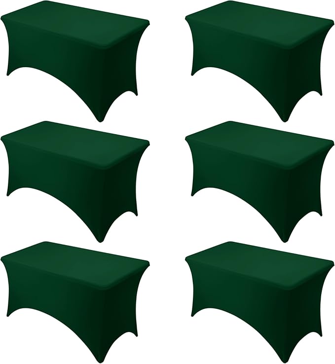 6-Pack Premium Hunter Green Spandex Tablecloths for 4ft Rectangle Tables, Stain & Wrinkle-Resistant, Washable Stretch Polyester Fitted Table Cover for Weddings, Banquets, Trade Shows Events