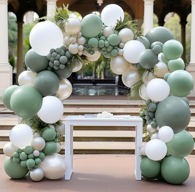 Sage Green White Balloon Garland Double Stuffed Dusty Green White Pearl Balloons Olive Pastel Balloon Arch Kit for Neutral Baby Shower Bridal Shower Birthday Baptism Christmas Party Decorations