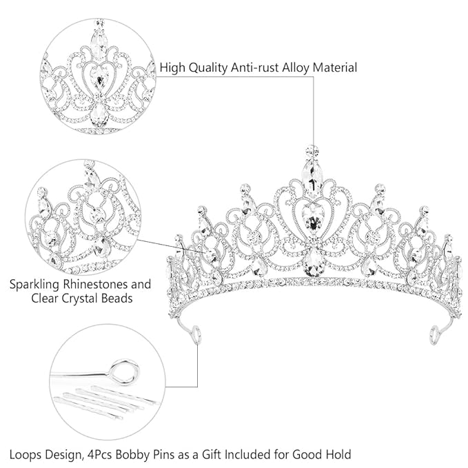 TODDER Silver Tiara for Women Girls Rhinestone Princess Queen Crowns Crystal Headband for Girls Wedding Hair Accessories for Bridal Birthday Party Prom Halloween Cosplay Holidays