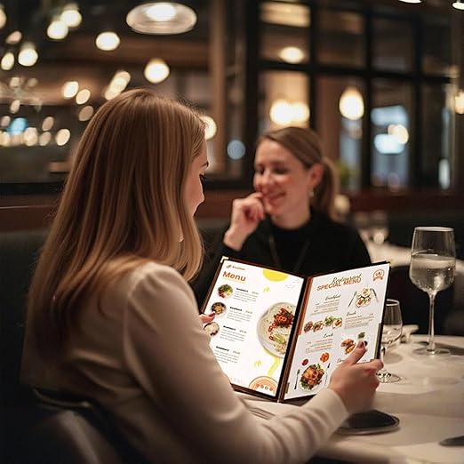 Goodsmart Restaurant Menu Covers – 25 Pack Burgundy 6-View Booklet 5.5" x 8.5", Side-Loading Vinyl & Plastic Menu Holders, Clear Menu Sleeves, Leather-Style Café Covers with Gold Corners