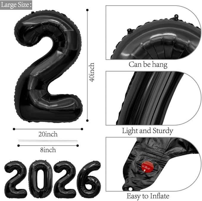 2026 Balloons, 40 Inch 2026 Number Balloons Black 2026 Balloon Large Foil New Year Balloon Numbers 2026 Mylar Baloons for Birthday Christmas Graduation New Years Eve Party Supplies Decorations