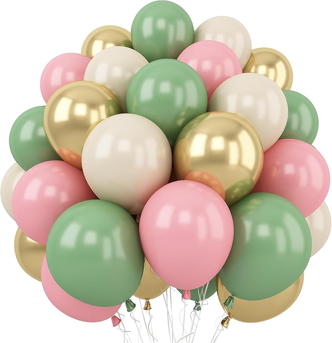 Togvu Sage Green Pink Balloon, 60 Packs 12 Inch Olive Green Pink Balloon with Sand White Metallic Gold Balloons for Girls Baby Shower Birthday Jungle Safari Woodland Party Decorations