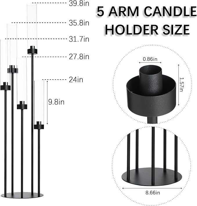 39.8''Matte Black Candle Holder with Acrylic Shades Tall 5 Arm Candelabra Black Table Centerpiece for Wedding Living Dining Room Fireplace Decoration Fit 0.98''LED Taper Candle