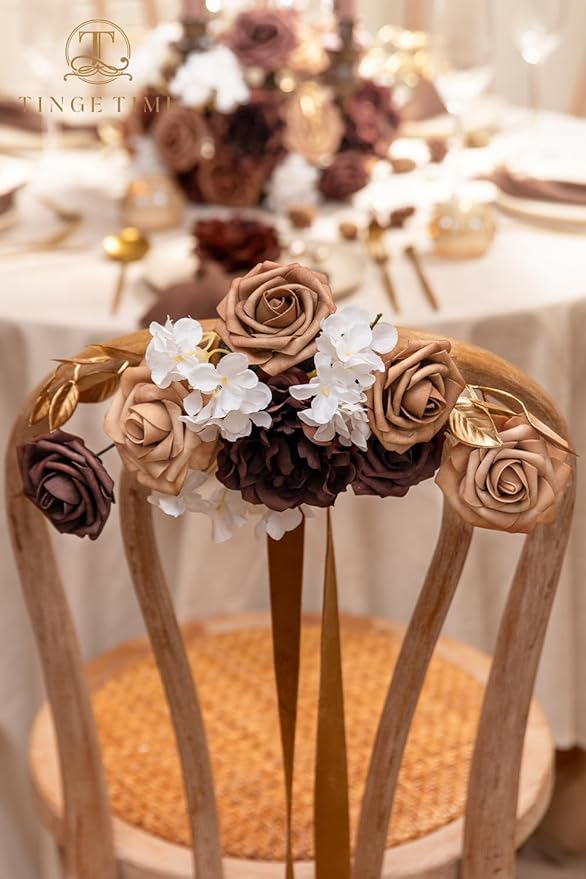 TINGE TIME Artificial Flowers Combo Set, Gradient Color Flower Leaf with Stems for DIY Wedding Bouquets Centerpieces Baby Shower Party Home Decorations (Mocha Brown)