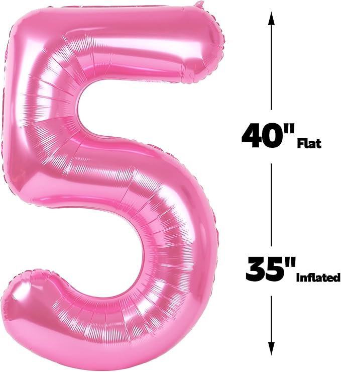 Pink 40 Inch Large Number 5 Birthday Balloon, Five 5th 15 25 35 50 55 Birthday Celebration Decorations, Foil 5 Mylar Helium Number 5 Balloons Girl Boy Anniversary Party Supplies