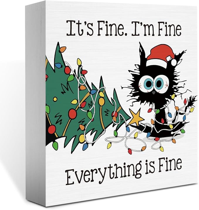 He Sees You When You're Pooping Bathroom Sign Christmas Bathroom Decorations Funny Black Cat Tree Decor for Home Desk Table Shelf 5 X 5 Inch