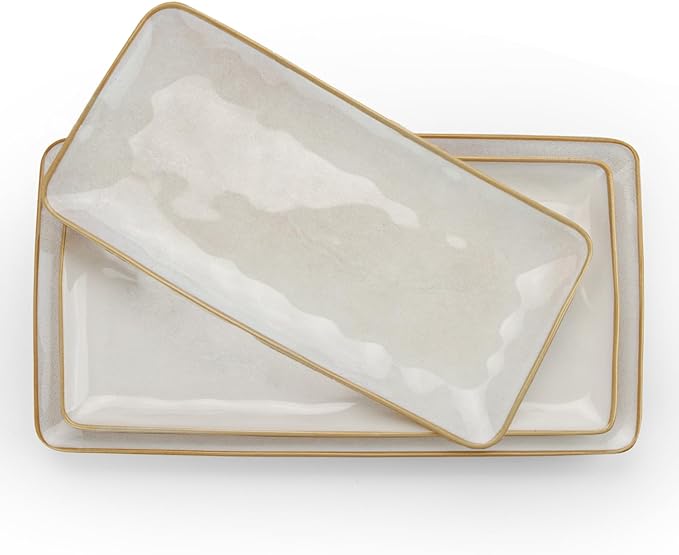 famiware Serving Platter, Rectangular 15.67/14.1/12.6 inch Serving Dishes for Entertaining, Microwave Dishwasher Safe, Stonware Serving Trays for Party, Turkey, Cheese, Ocean Series, Cappuccino White