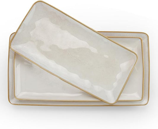 famiware Serving Platter, Rectangular 15.67/14.1/12.6 inch Serving Dishes for Entertaining, Microwave Dishwasher Safe, Stonware Serving Trays for Party, Turkey, Cheese, Ocean Series, Cappuccino White
