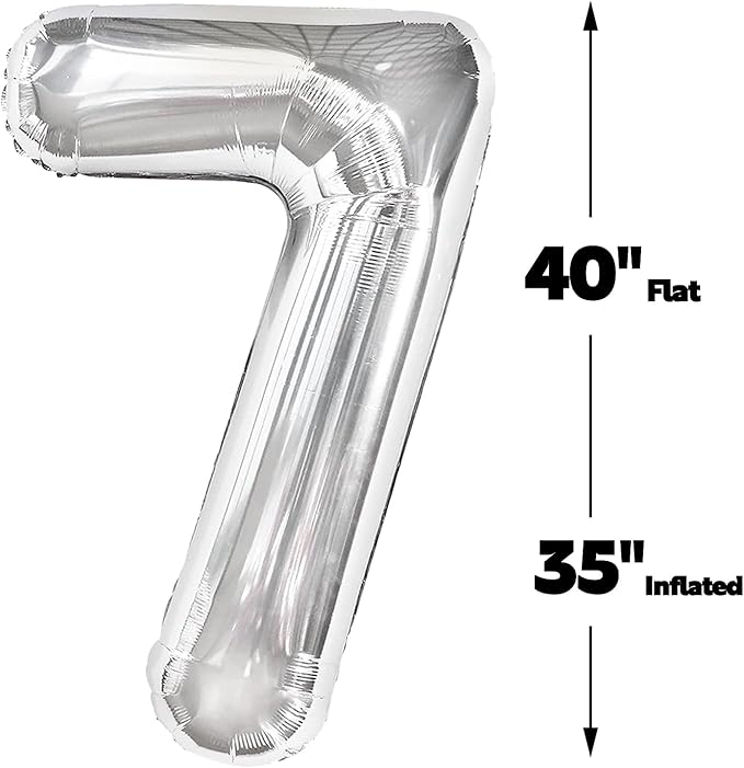 Silver Number 7 Birthday Balloon 40 Inch, Digital Balloons for 7 17 27 70 77 Party Celebration Decorations Supplies, Mylar Foil Numbers Balloon for Seven Wedding Anniversary