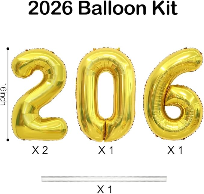 2026 Balloons, 2026 Number Balloons, 2026 Gold Balloon, Foil Happy New Year Balloon for New Year Eve Party Supplies 2026 Graduation Decorations Anniversary Birthday Home Office Decorations, 16 Inch