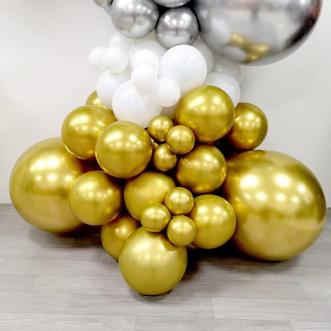 127pcs Silver Gold White Latex Balloons Garland Arch Kit 18in 12in 10in 5in for Birthday Baby Shower Wedding Graduation Party Decors (Silver Gold White)