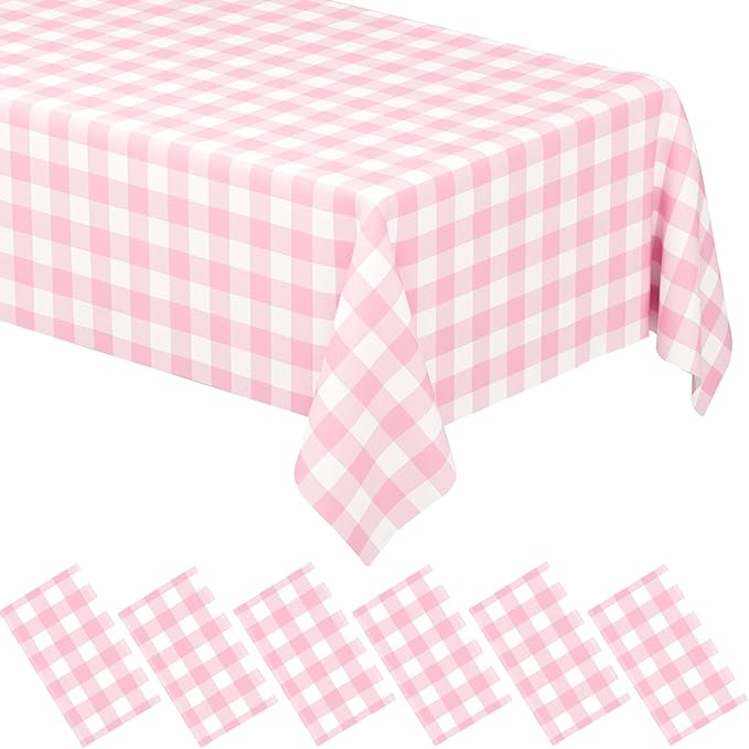 6 Pack Pink Gingham Tablecloth Rectangular Pink and White Checkered Tablecloths Disposable Plastic Pink Plaid Table Cover for Parties, Outdoor Picnic, Birthday, Wedding, Camping 54 × 108 Inch