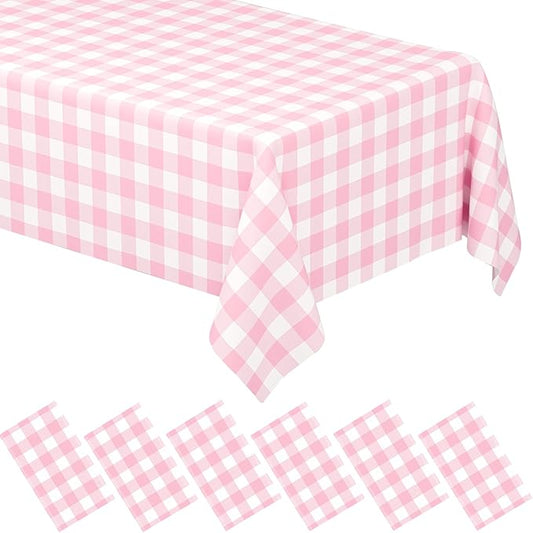 6 Pack Pink Gingham Tablecloth Rectangular Pink and White Checkered Tablecloths Disposable Plastic Pink Plaid Table Cover for Parties, Outdoor Picnic, Birthday, Wedding, Camping 54 × 108 Inch
