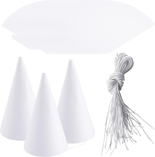 60 Pieces White Party Cone Hats Plain Birthday Paper Cone Hats with Elastic Rope for DIY Craft Birthday Thanksgiving New Year Party Supplies
