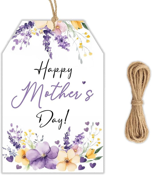 50PCS Mother’s Day Paper Tags with String, 2.2"x3.3" Floral Gift Tags for Mom, Purple Flower Design for Mother’s Day Gifts, Wrapping, and Party Favors