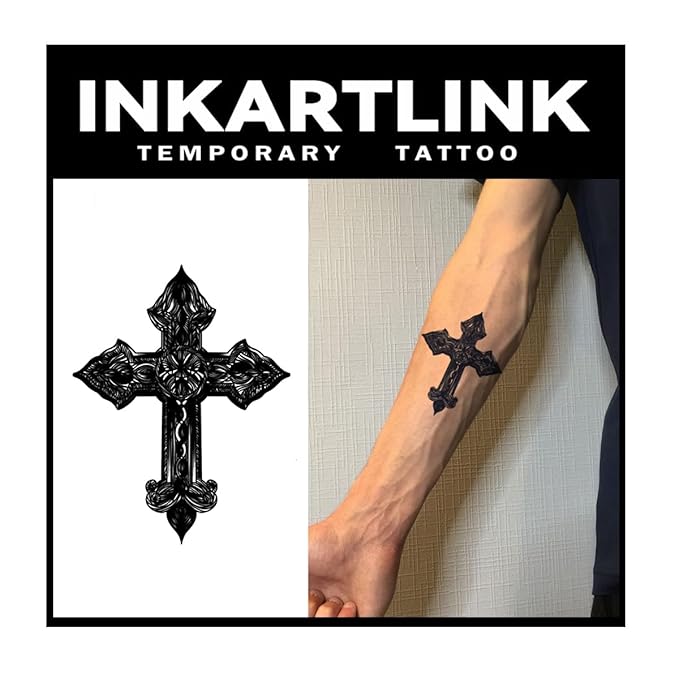 INKARTLINK Tattoo Tech, 2 Sheets Large Semi Permanent Tattoo, Adult Art Design Temporary Tattoos, Lasts 1-2 Weeks, Waterproof, Realistic Look, No Adhesive, No Reflection (Black Cross Design)