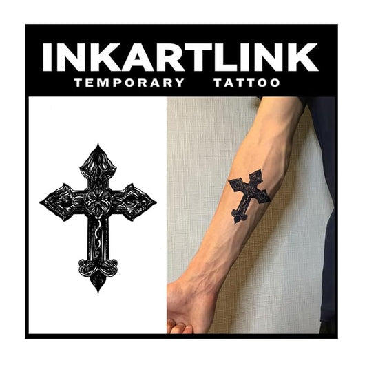 INKARTLINK Tattoo Tech, 2 Sheets Large Semi Permanent Tattoo, Adult Art Design Temporary Tattoos, Lasts 1-2 Weeks, Waterproof, Realistic Look, No Adhesive, No Reflection (Black Cross Design)