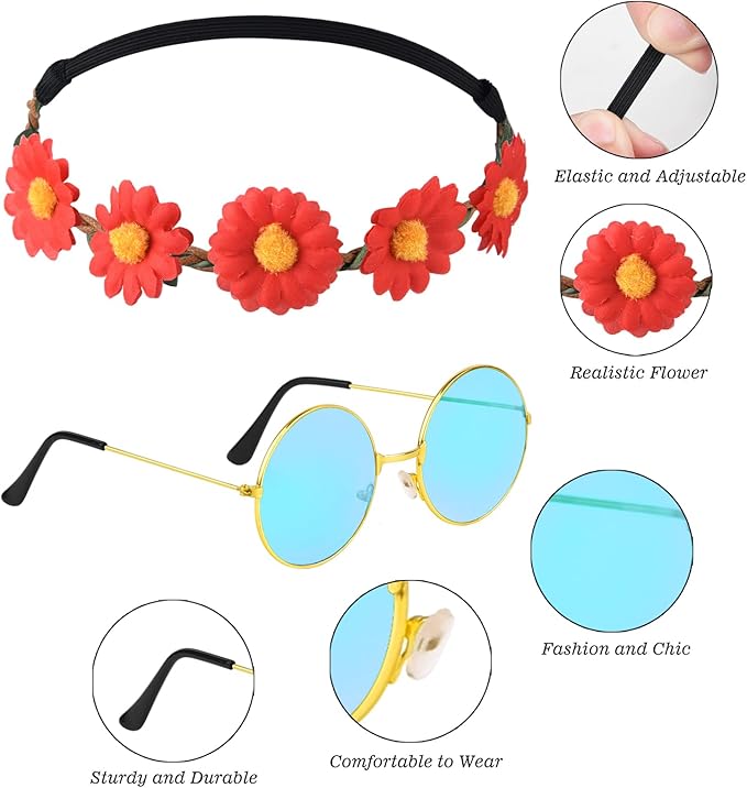 CHRORINE 96 Pcs Hippie Costume Accessory Set for Women Men Includes Hippie Headband Sunglasses Party Supplies for Hippie Party Decorations