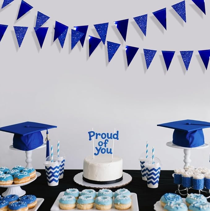 30 Ft Royal Blue Party Decorations Navy Blue Metallic Glitter Paper Triangle Banner Flag Garland Pennant Bunting for Graduation Birthday Wedding Bridal Shower Ahoy Achor Nautical Theme Party Supplies