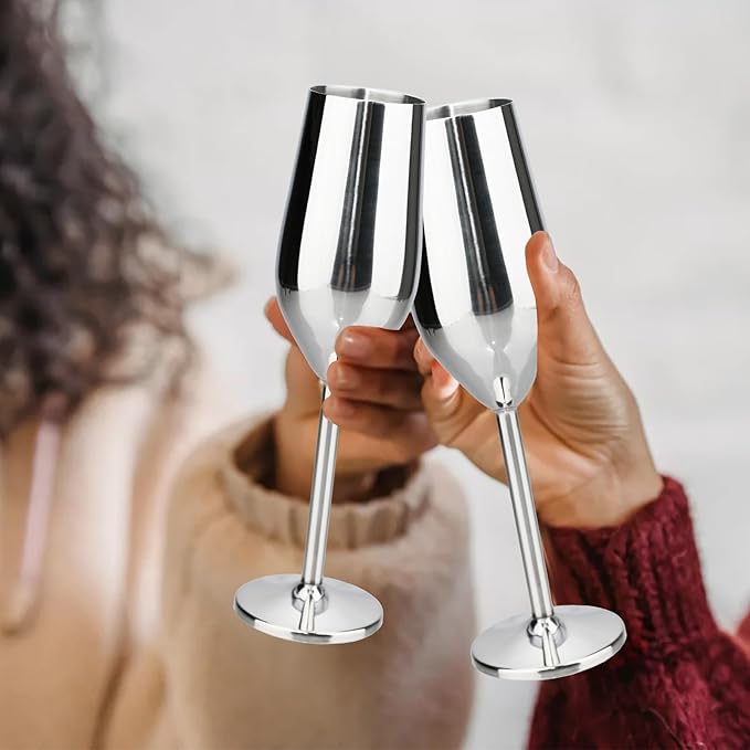 TJ Unbreakable 8 Oz Stainless Steel Champagne Flutes (2 Pack)- Silver Champagne Glasses - Reusable Indoor Outdoor Drinkware - Keeps Drink Cool for Longer - Gift Idea