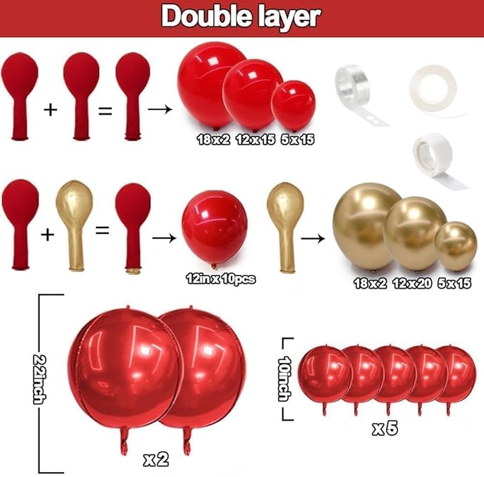Red and Gold Balloon Garland Double Stuffed Ruby Red Gold Balloons Arch Kit With Mylar Balloon for Christmas New Year Baby Shower Valentine Anniversary Birthday Party Decoration