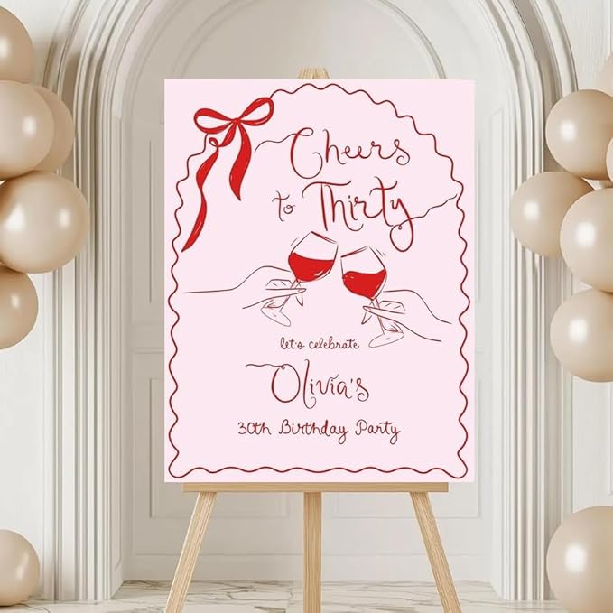30thWelcome Sign Red Birthday sign for girl, Editable whimsical birthday Welcome sign, 30st Birthday welcome sign decor, cheers wine Bridal, birthday decorations, birthday Sign