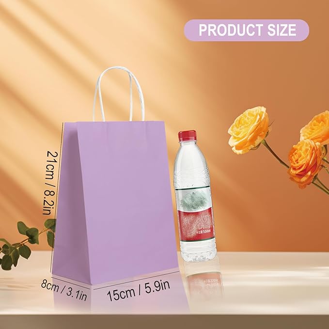 BAG BOX 25 Pack 8.3 * 4.3 * 10.6 Inch Purple Gift Bags with Handles,Bulk Kraft Paper Bags for Shopping, Retail, Merchandise, Wedding, Party Favors, Paper Grocery Sacks