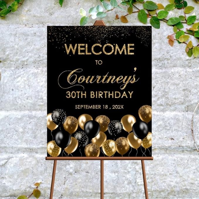 Editable Black Gold Welcome Sign for Birthday Party, Custom Decoration With Gold Balloons