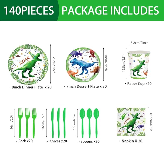 140 Pcs Watercolor Dinosaur Party Supplies Dinosaur Theme Birthday Party Decoration Includes Plates Cups Napkins Knives Forks Spoons Tableware for Boys Birthday,Serves 20 Guests
