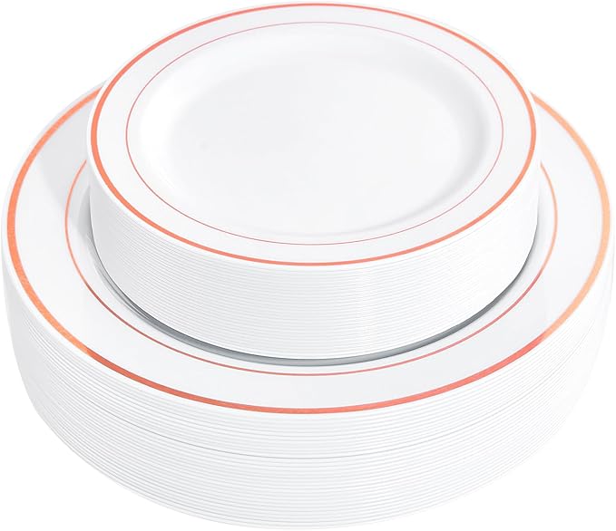 FLOWERCAT 60PCS Rose Gold Plastic Plates - Heavy Duty Rose Gold Plates Disposable for Christmas Party/Wedding- Include 30PCS 10.25inch Dinner Plates and 30PCS 7.5inch Dessert Plates