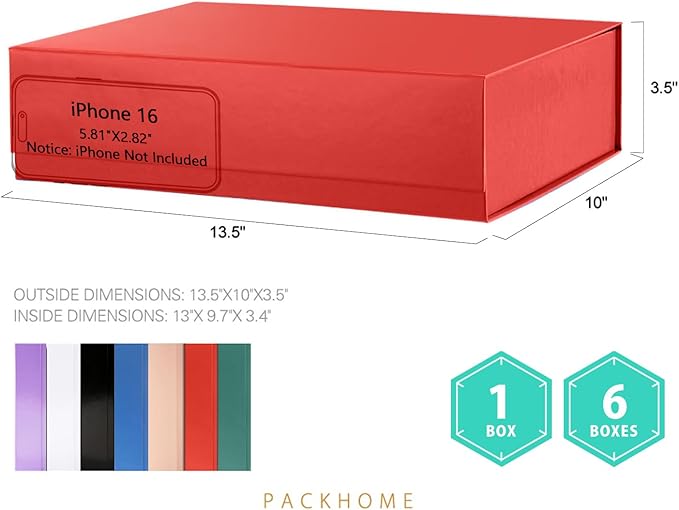 PACKHOME Large Christmas Gift Box 13.5x10x3.5 Inches, Sturdy Shirt Box with Magnetic Lid for Multiple Occasions (Glossy Red)