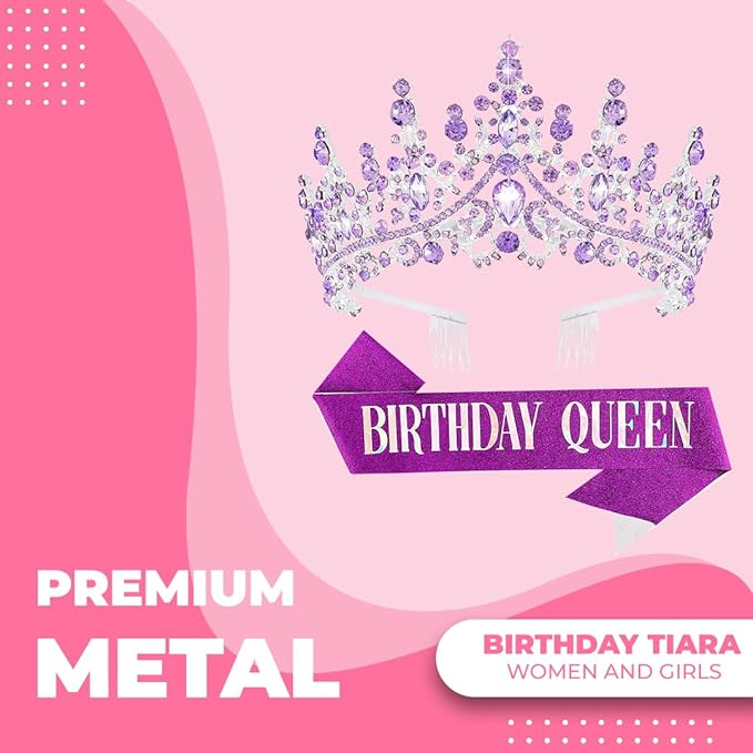 Birthday Tiara Crown with Sash for Women, Headband Hair Accessories for Wedding Party Costume (A-Purple)