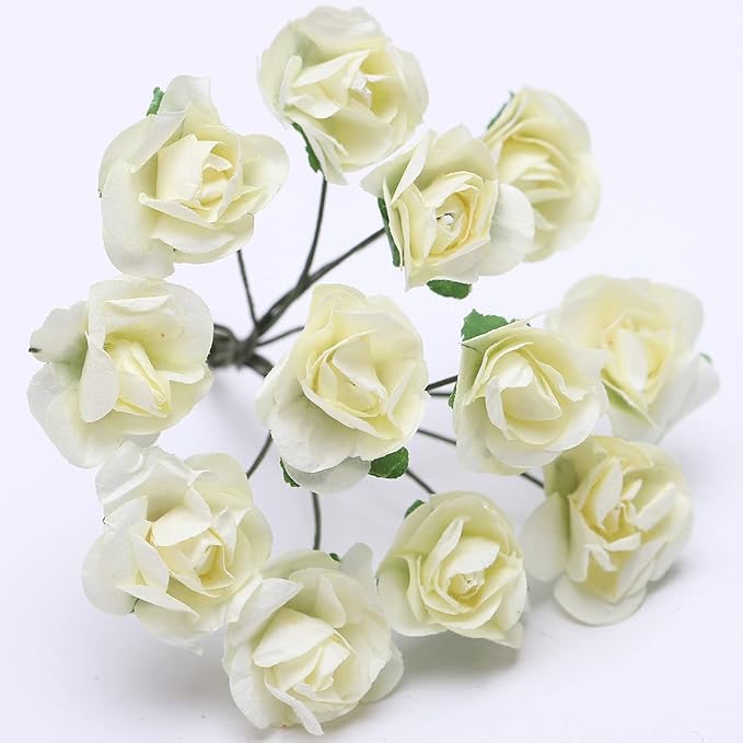 144pcs Mulberry Paper Mini Roses Artificial Flowers Heads with Stems for DIY Crafts Accessories Make Bridal Hair Clips Headbands Dress Wedding Bridal Bouquet Party Home Decor Valentine's (Ivory White)