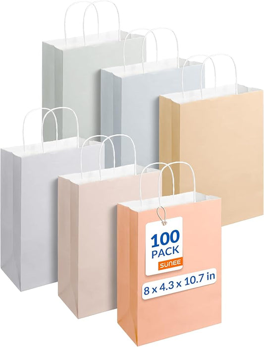SUNEE Gift Bags with Handles 8x4.3x10.7, 100 Pcs Paper Gift Bags Medium Size Bulk, Muted Color for Wedding, Birthday, Party Supplies and Celebrations