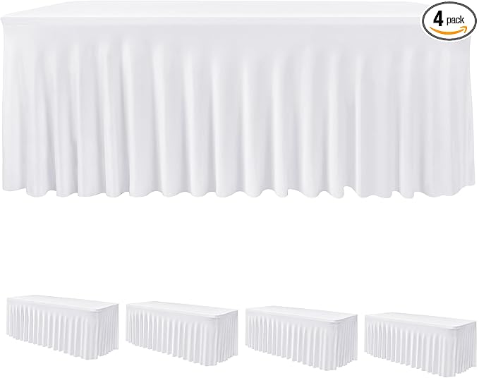 HolidayIdeas White 4ft Spandex Tablecloth 4 Pack Fitted Stretch Rectangluar Table Skirts 24x48 Inch, Wrinkle-Free Floor Length Polyester Table Cover for Weddings Parties Banquets Events