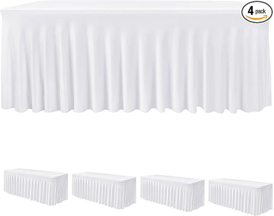 HolidayIdeas White 8ft Spandex Wedding Tablecloth Fitted Stretch Table Skirts 30x96 Inch, Wrinkle-Free Floor Length Polyester Table Cover for Birthday Parties Engagement, Banquets, Events,4 Pack