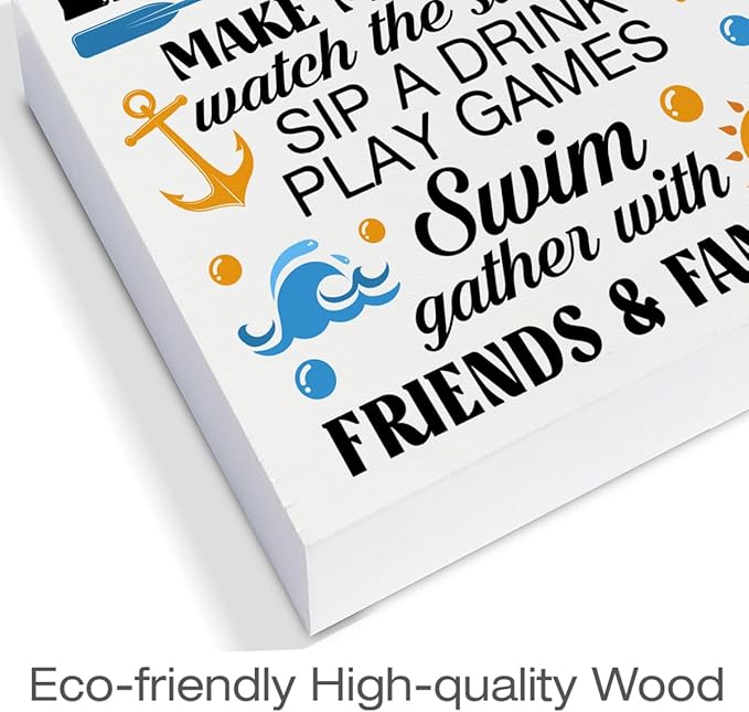Summer Lake Decor Lake House Wood Block Sign Lake Rules Decorations for Home Desk Table Shelf 5 x 5 Inches