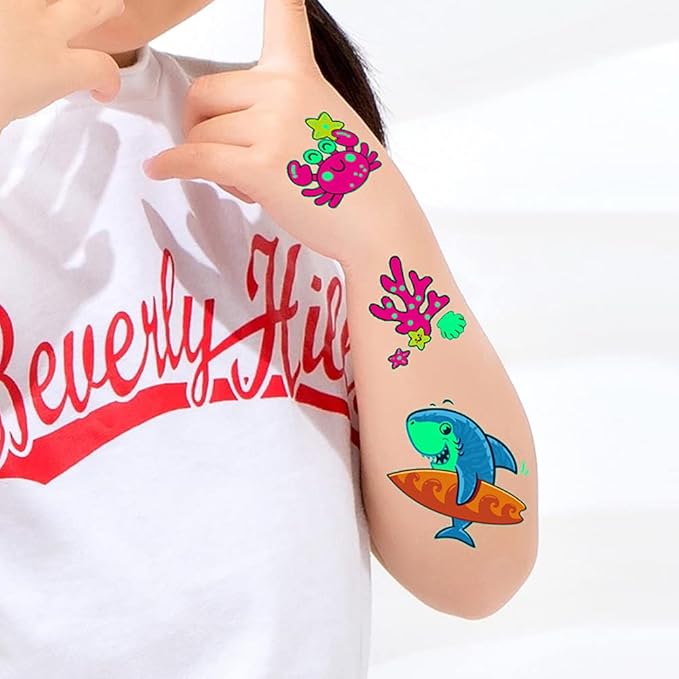 Luminous Temporary Tattoos for Kids - 130Pcs Marine Animal Glow Tattoos Stickers,Ocean Theme Glow In The Dark Tattoos for Boys and Girls,Face Makeup Fake Tattoo,Holiday Party Favors Gifts for child