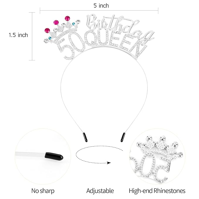 VELSCRUN 50th Birthday Queen Headband, Tiara Crown for Women, 50th Birthday Decorations for Her, Birth Queen Tiaras Crowns Sash for Women Mom Birth Party Decoration Hair Accessories Silver