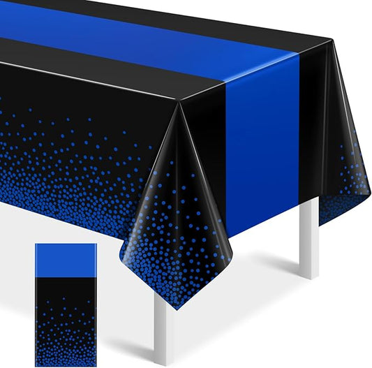 MASHAN 1Pcs Black and Blue Tablecloth Party Decorations,Plastic Black Table Cloth Printed Blue Table Runner Disposable Rectangle Cover for Birthday Wedding Anniversary Graduation Party,54 x108 Inch