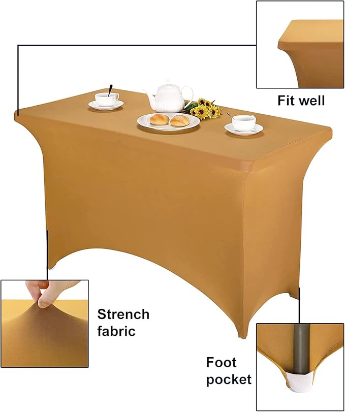 FORLIFE Spandex Table Covers，Fitted Tablecloth for Rectangular Tables, Stretch Patio Table Covers, Universal Spandex Table Cover for Wedding, Banquet, Party (4ft, Gold)