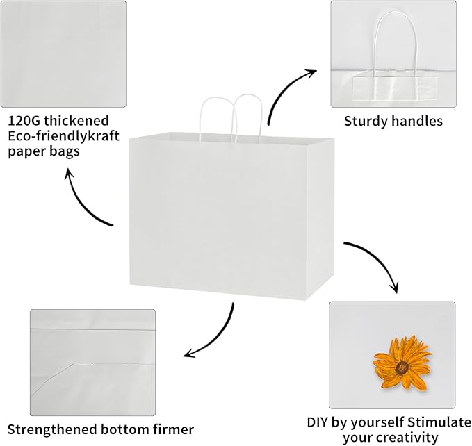 bagmad 100 Pack 16x6x12 Inches Large White Kraft Paper Bags with Handles Bulk for Shopping Wedding Grocery Retail Merchandise Business Craft Gift Bags(100 Count)