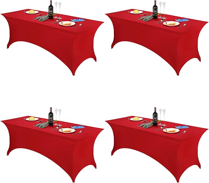 FORLIFE 4Pack Spandex Table Covers，Fitted Tablecloth for Rectangular Tables, Stretch Patio Table Covers, Universal Spandex Table Cover for Wedding, Banquet, Party (6ft, Red)