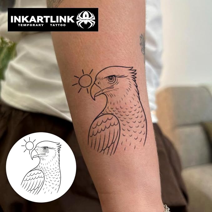 INKARTLINK Tattoo Tech, 2 Sheets Medium Semi Permanent Tattoo, Adult Art Design Temporary Tattoos, Lasts 1-2 Weeks, Waterproof, Realistic Look, No Reflection (Eagle Sun)