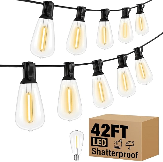 litogo 42FT LED Outdoor String Lights, Waterproof Patio Lights with ST38 Vintage Edison Bulbs, Warm White Outside Hanging Light for Yard Gazebo Party